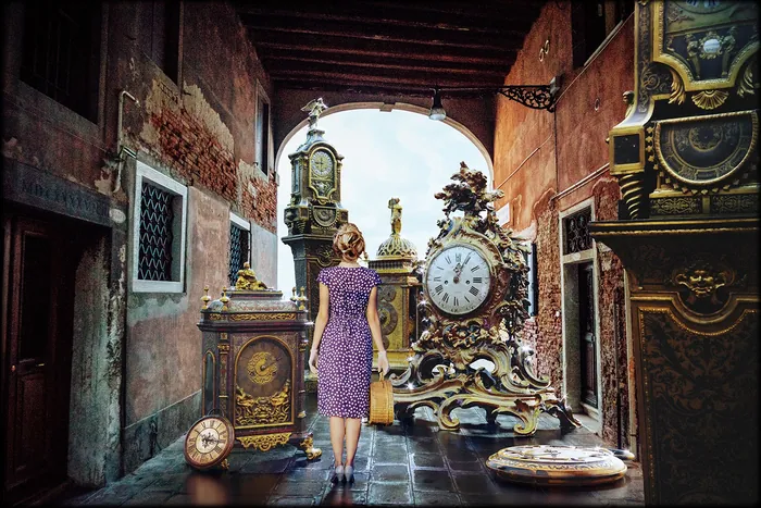 Woman in purple dress looking at antique clocks in a museum, by RIVE GAUCHE