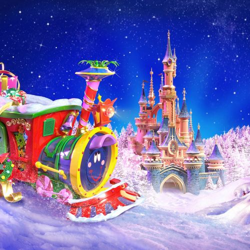 Trem de Natal com presentes perto de um castelo nevado sob um céu estrelado por RIVE GAUCHE