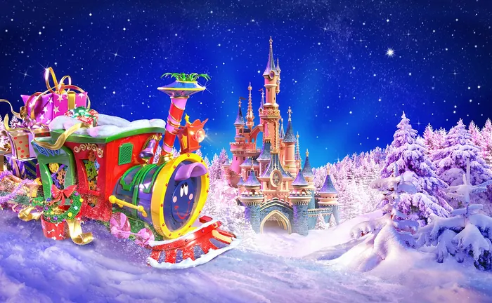 Christmas train with gifts near a snowy castle under starry sky by RIVE GAUCHE