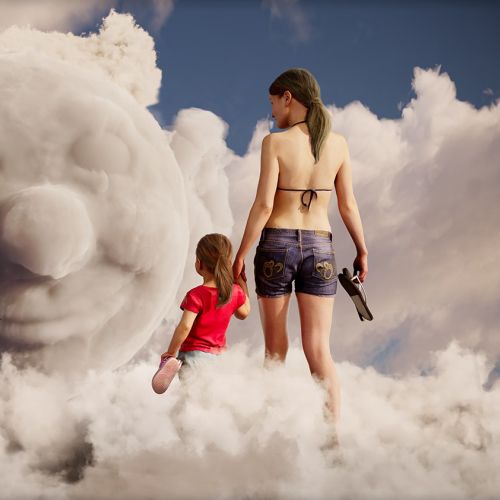 Woman and child looking at smiling bear formed from clouds by RIVE GAUCHE