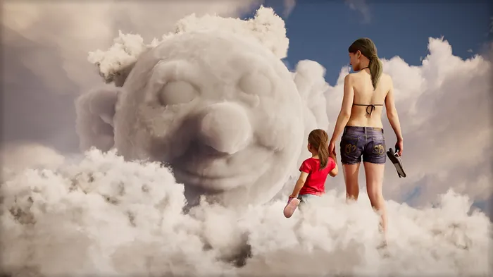 Woman and child looking at smiling bear formed from clouds by RIVE GAUCHE