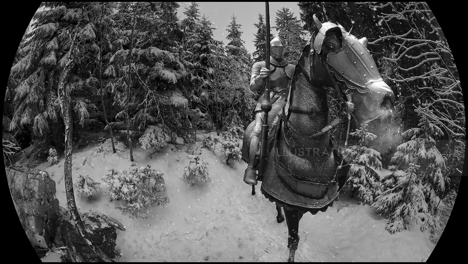 Medieval knight on horseback in snowy forest, artwork by RIVE GAUCHE