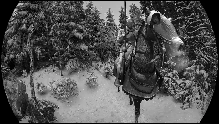 Medieval knight on horseback in snowy forest, artwork by RIVE GAUCHE