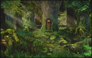 Mystical tree door in forest with illuminated window by RIVE GAUCHE