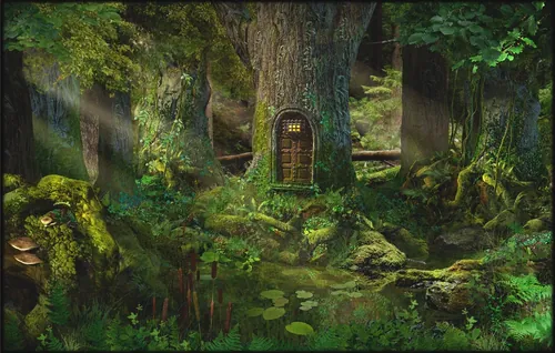 Mystical tree door in forest with illuminated window by RIVE GAUCHE