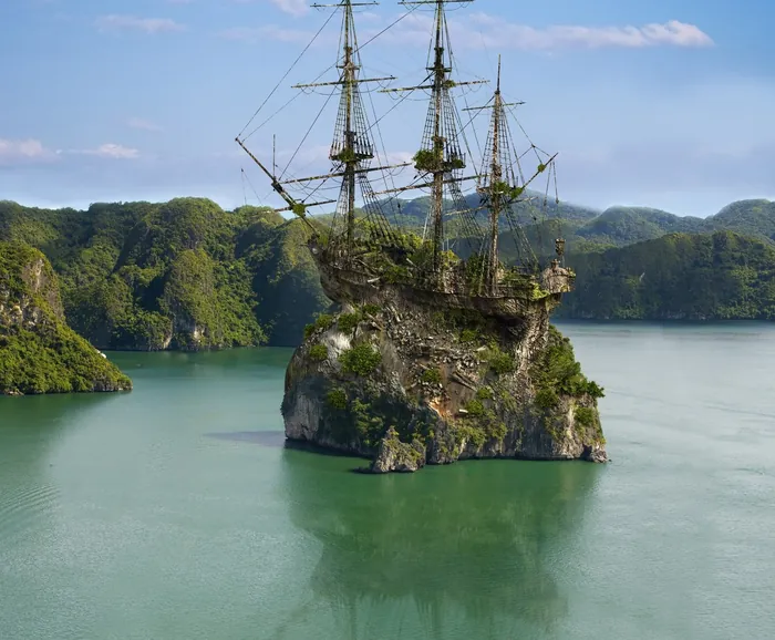 Old sailing shipwreck on rocky island in green water by mountainous coast by RIVE GAUCHE