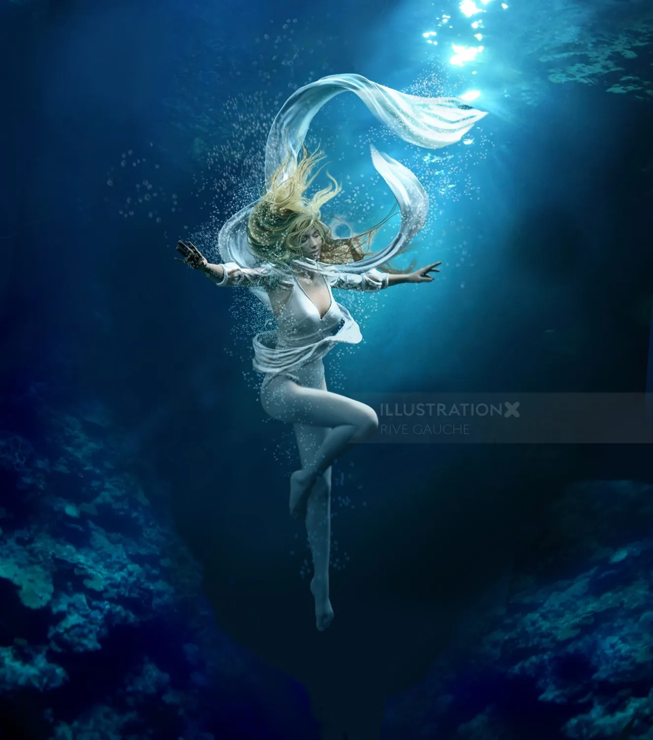 Underwater woman dancer with flowing hair and fabric, by RIVE GAUCHE