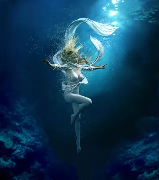 Underwater woman dancer with flowing hair and fabric, by RIVE GAUCHE
