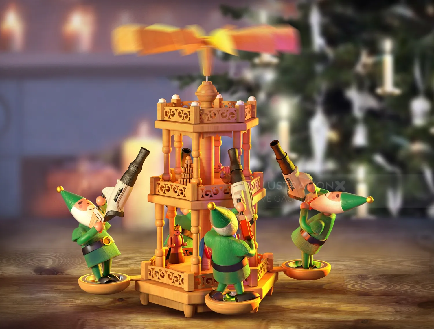 Wooden carousel with elves holding toy pistols, Christmas background by RIVE GAUCHE