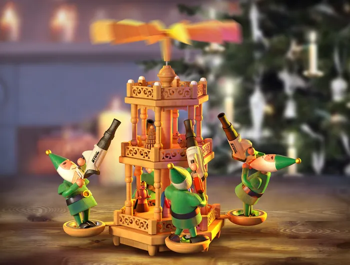 Wooden carousel with elves holding toy pistols, Christmas background by RIVE GAUCHE