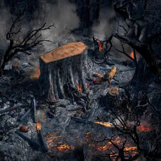 Burned forest landscape with large tree stump and glowing embers by RIVE GAUCHE
