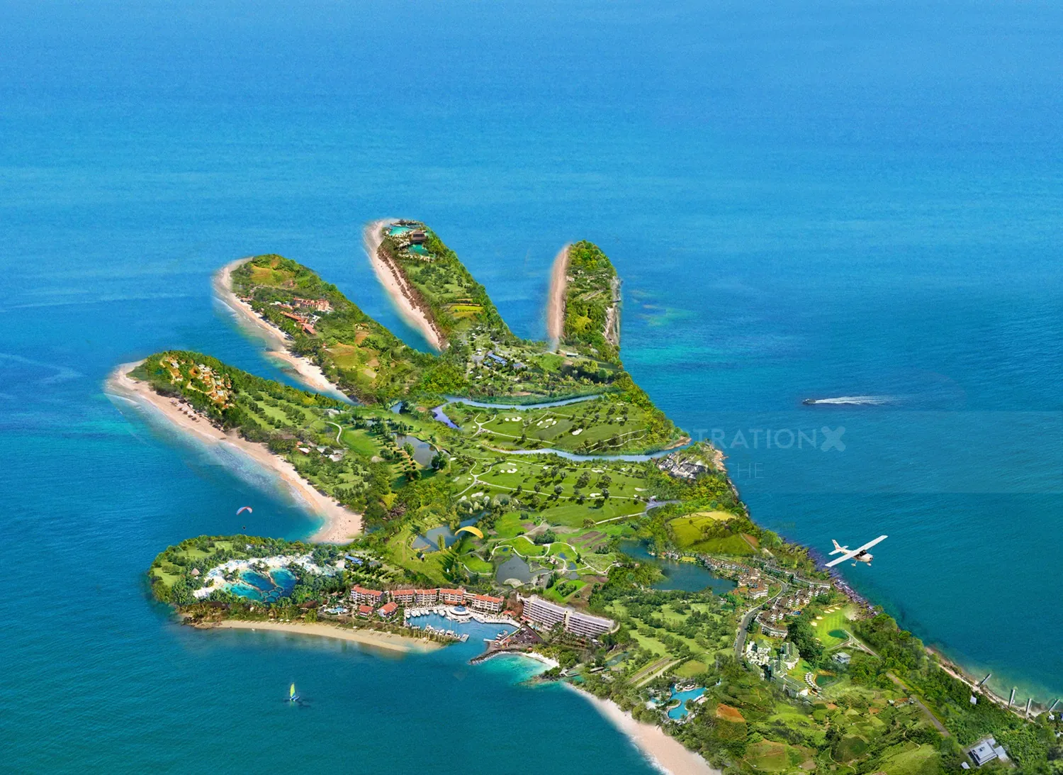 Aerial view of hand-shaped island with greenery and ocean by RIVE GAUCHE