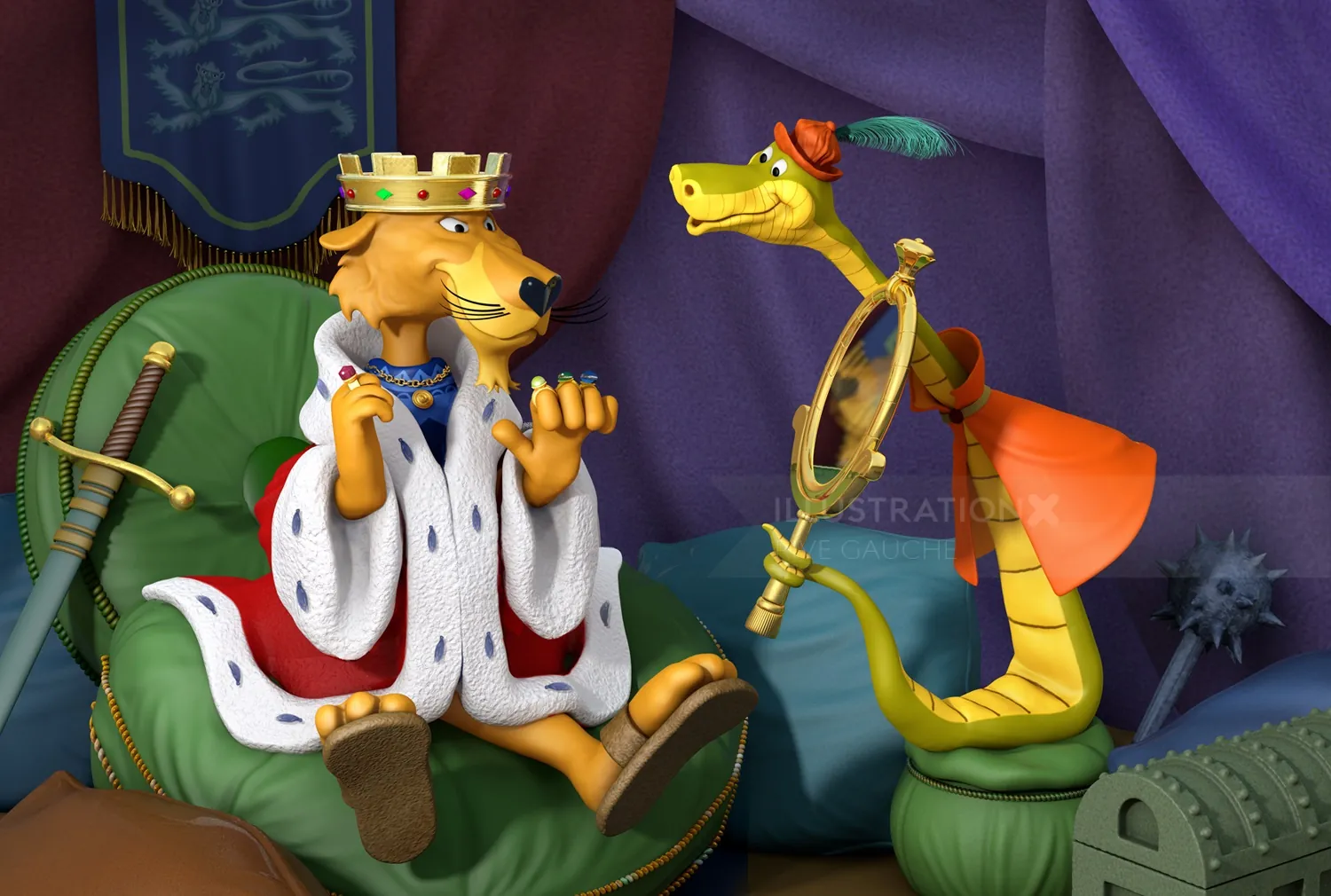 Animated lion king on throne talking to a snake with monocle by RIVE GAUCHE