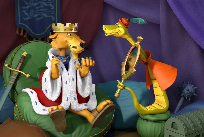Animated lion king on throne talking to a snake with monocle by RIVE GAUCHE