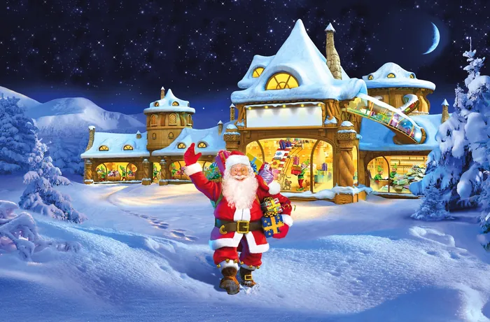 Santa Claus waving near snow-covered cottage at night by RIVE GAUCHE