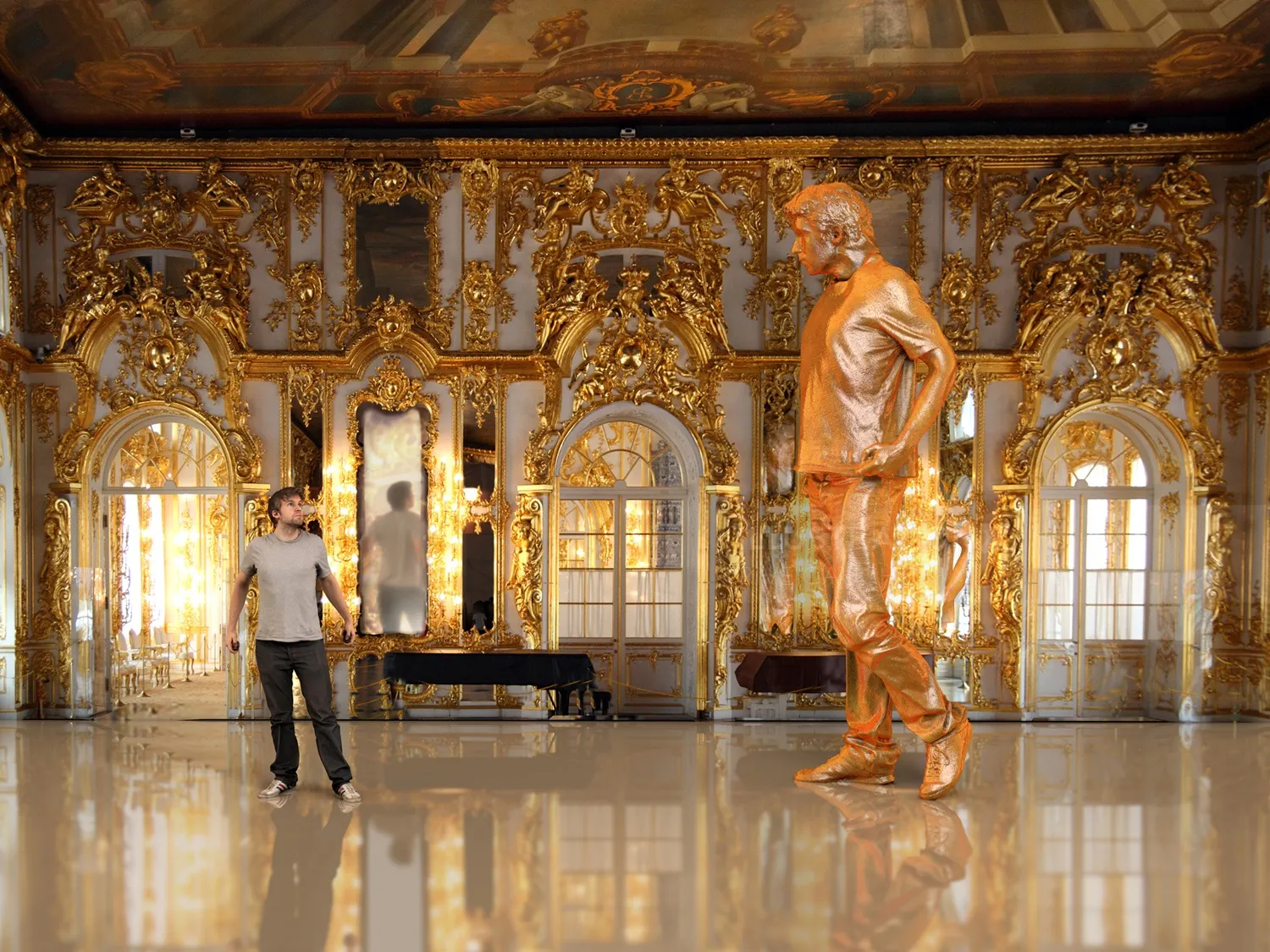 Man standing next to a golden statue in a gilded ornate room by RIVE GAUCHE