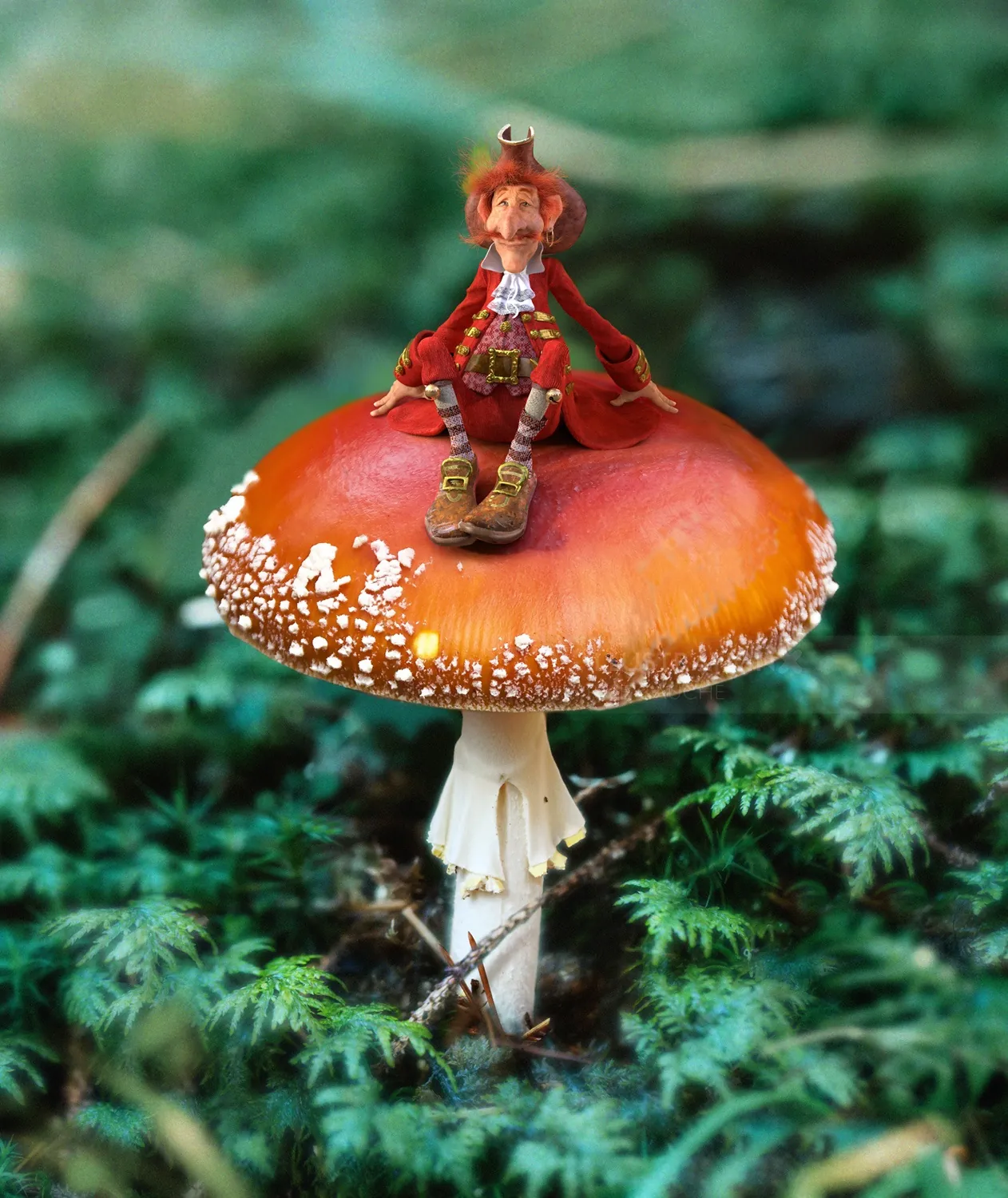 Figurine sitting on a red and white mushroom in a green forest by RIVE GAUCHE