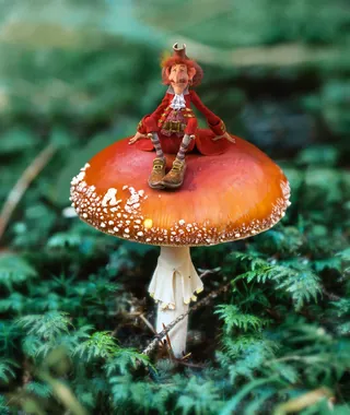 Figurine sitting on a red and white mushroom in a green forest by RIVE GAUCHE