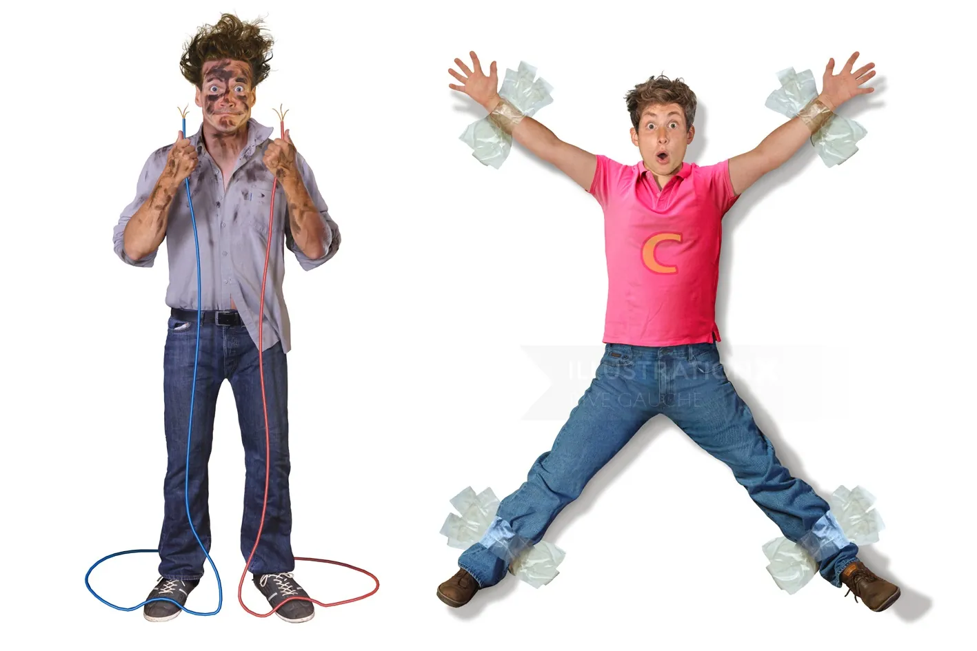 Jump rope exercise before and after with man showing messy and clean states by RIVE GAUCHE