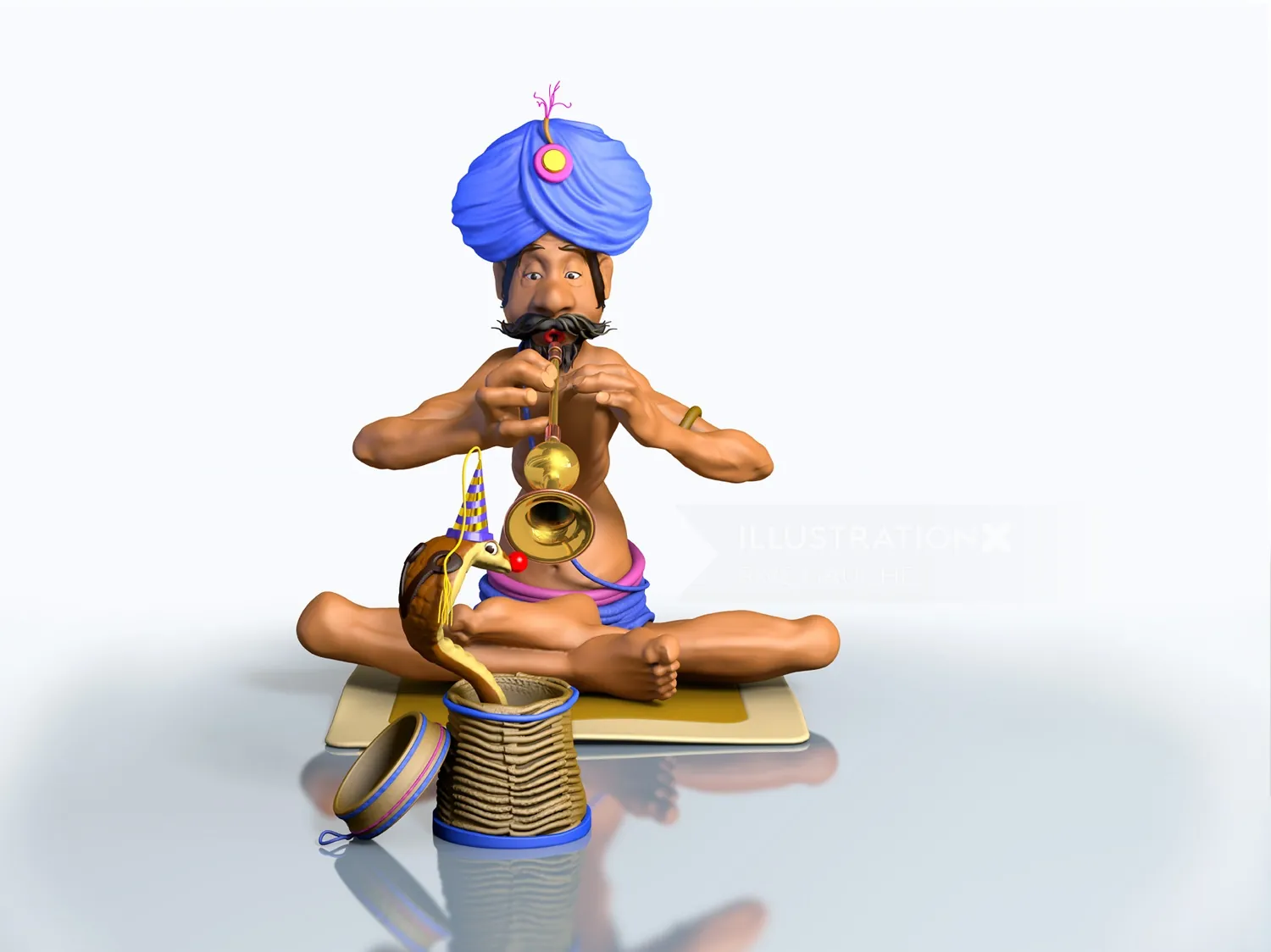 Seated man in blue turban playing traditional wind instrument by RIVE GAUCHE