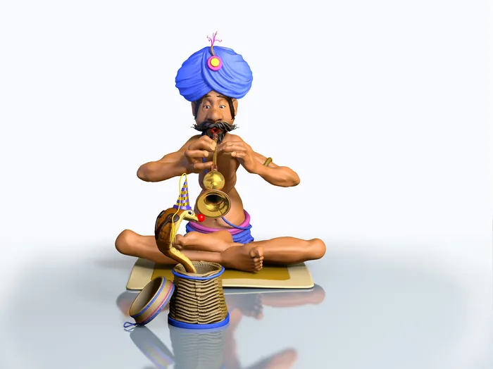 Seated man in blue turban playing traditional wind instrument by RIVE GAUCHE