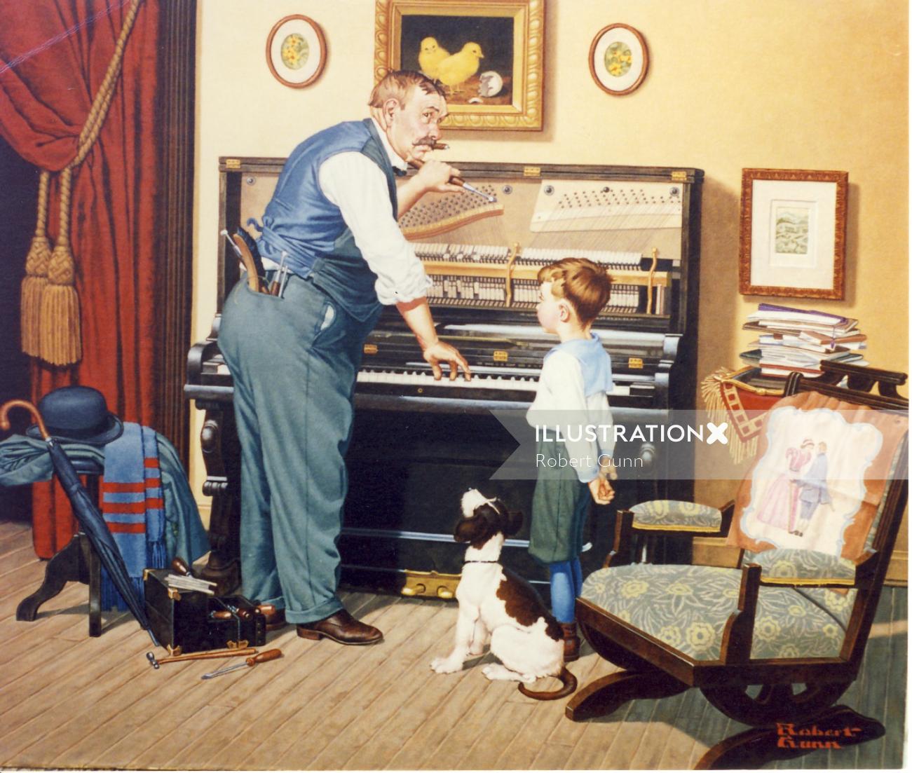 Illustration of skilled piano tuner tuning family piano by Robert Gunn