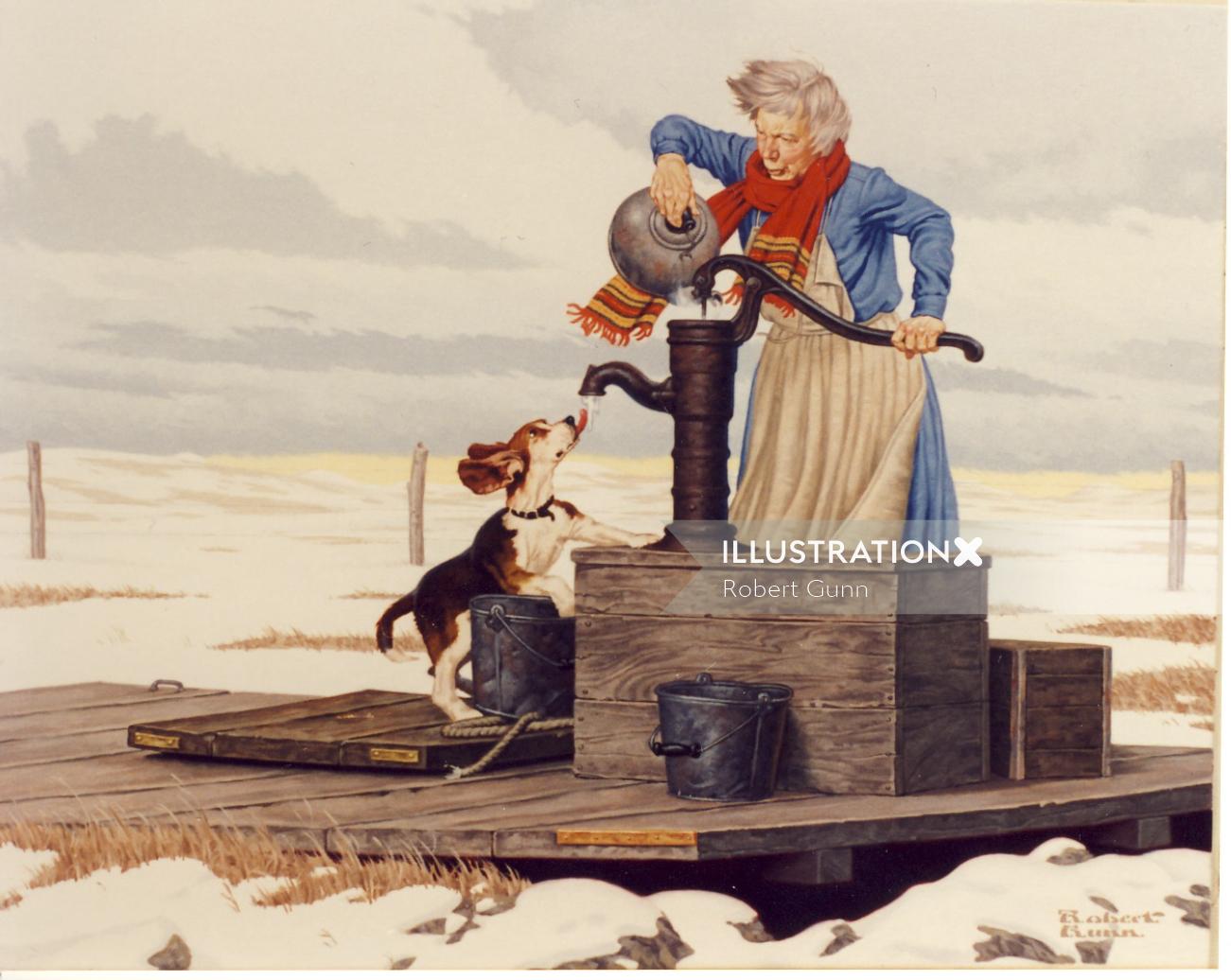 Painting of Farm women trying to thaw out the water pump