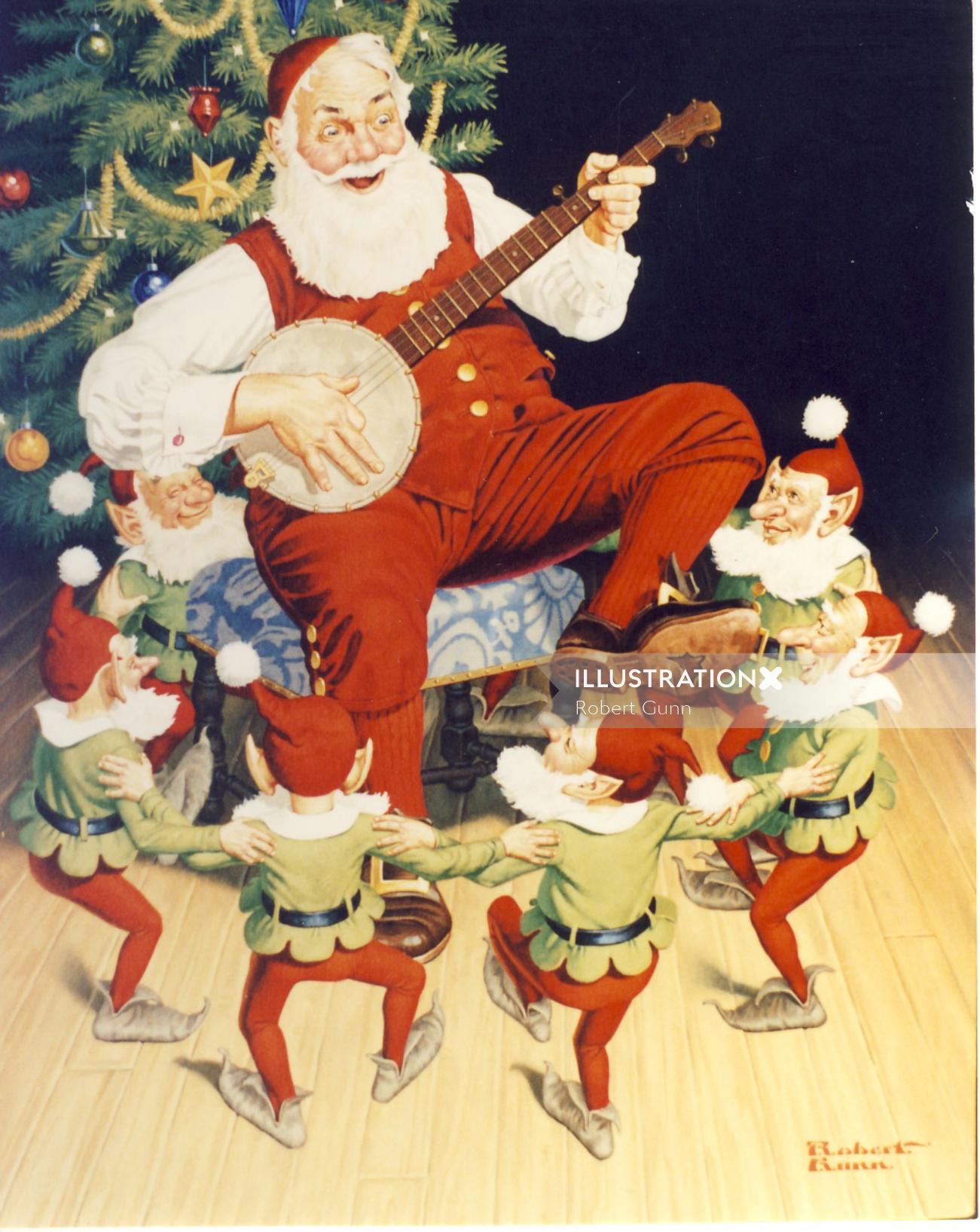 Illustration of Elves dancing around Santa playing a banjo