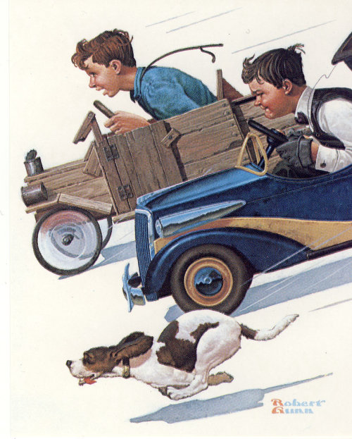 Illustration of two boys racing downhill to see which one has the fastest