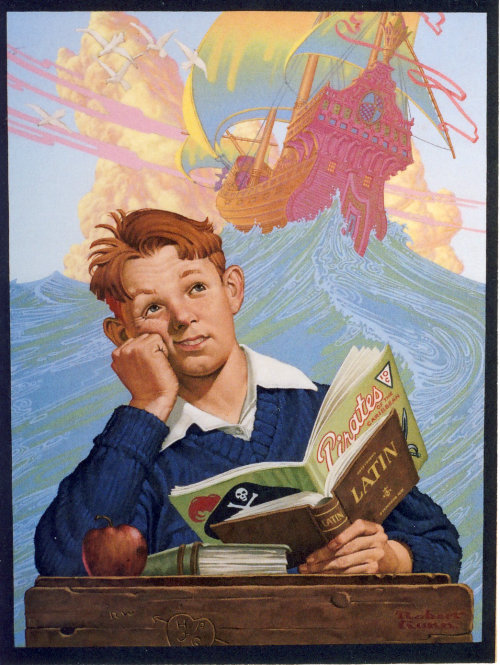 Illustration of boy thinking about pirates and adventure
