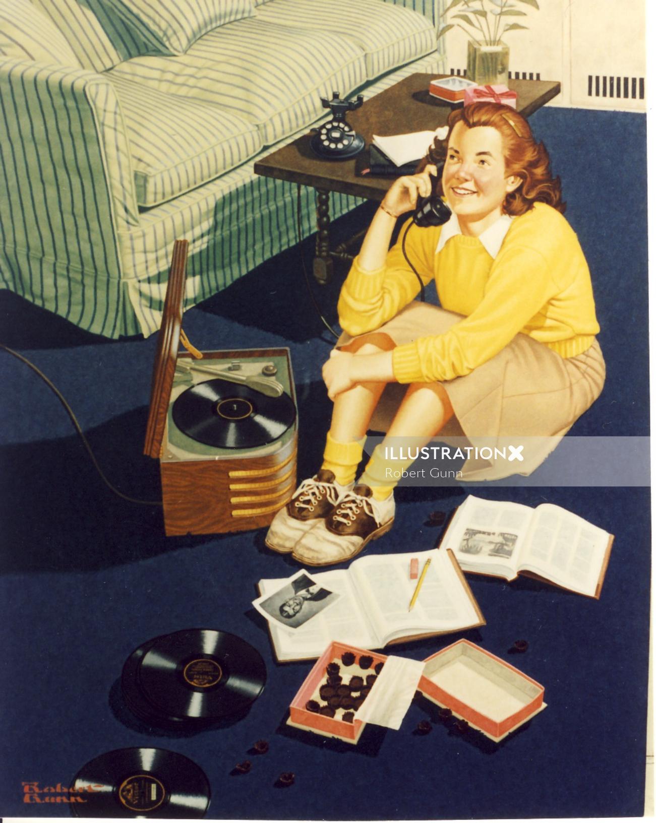 Illustration of girl doing homework while talking on Phone