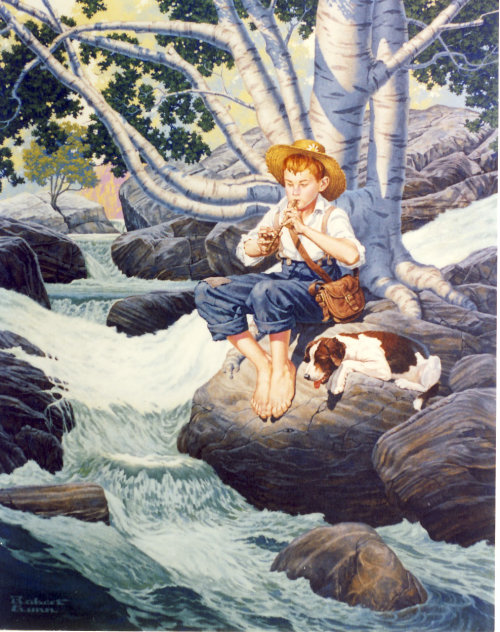 Art of boy with his dog playing a flute by a stream