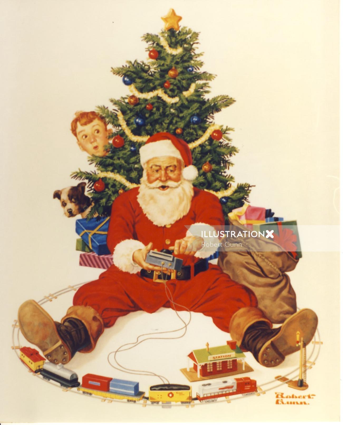 Illustration of Santa playing with toy train under tree
