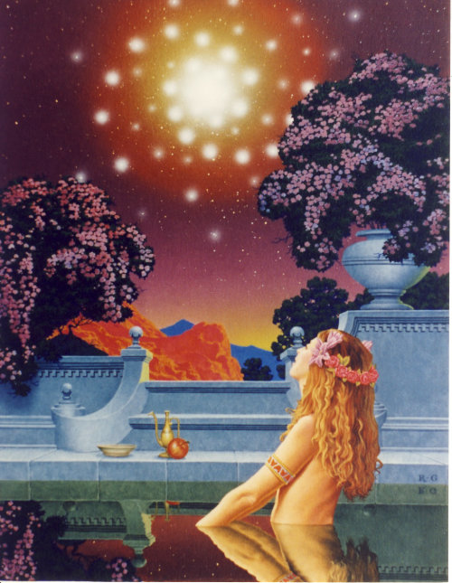 Illustration of girl in pool looking at star formation