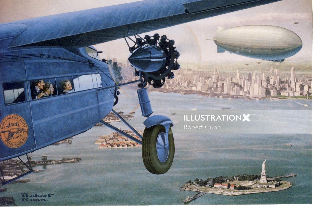 Editorial illustration of Passengers in Ford tri-motor approaching over New York 