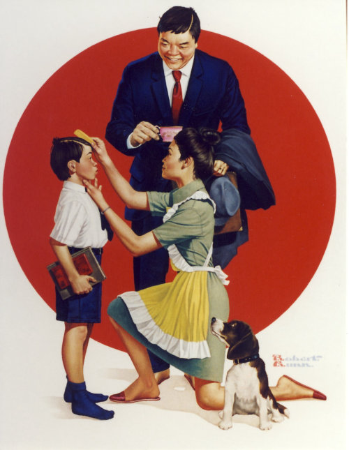 Art of Japanese family preparing for work and school