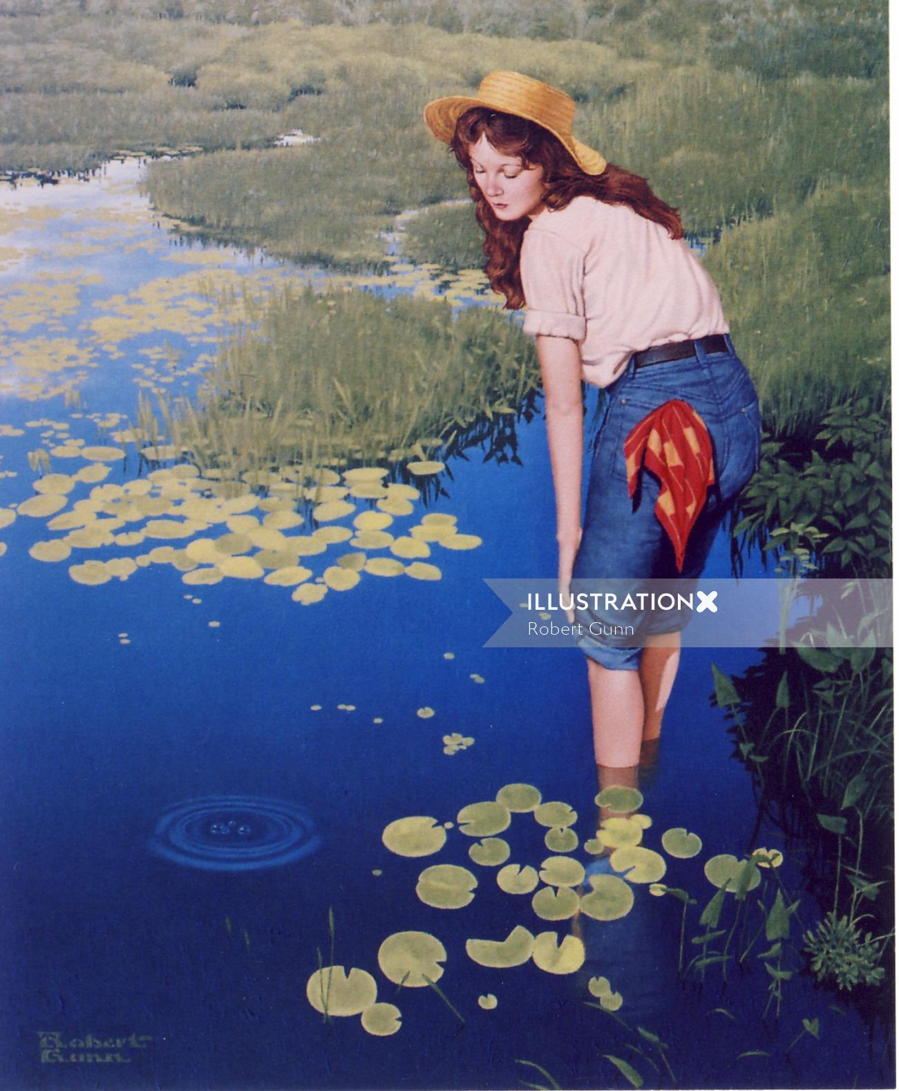 Illustration of woman standing by pond