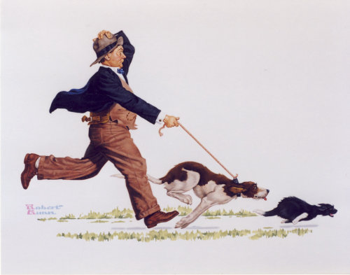 Illustration of Dog chasing cat with man hanging on