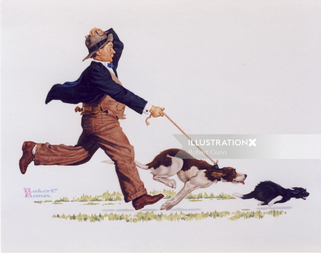 Illustration of Dog chasing cat with man hanging on