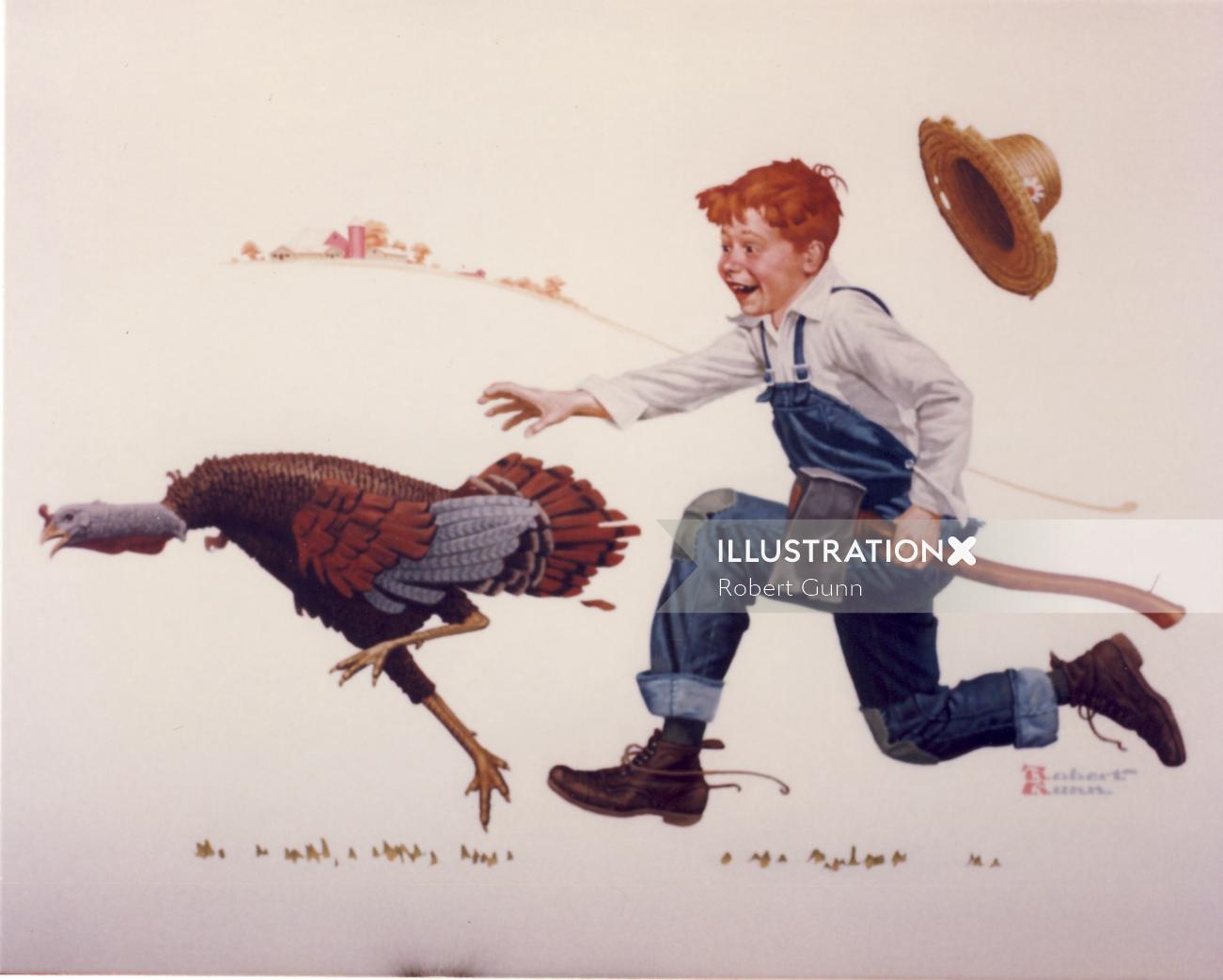 Art of Boy trying to catch the Thanksgiving turkey by Robert Gunn
