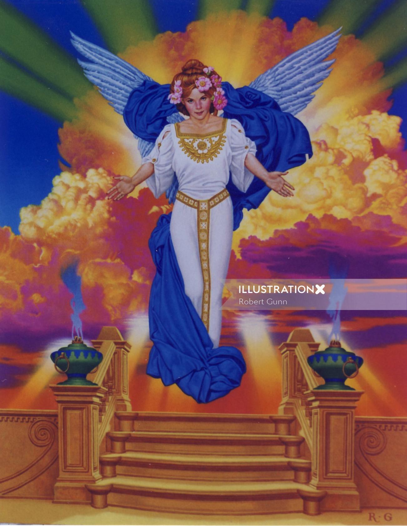 Vintage art of Angelic being floating over staircase