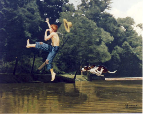 Illustration of young boy jumping into pond being chased by dog