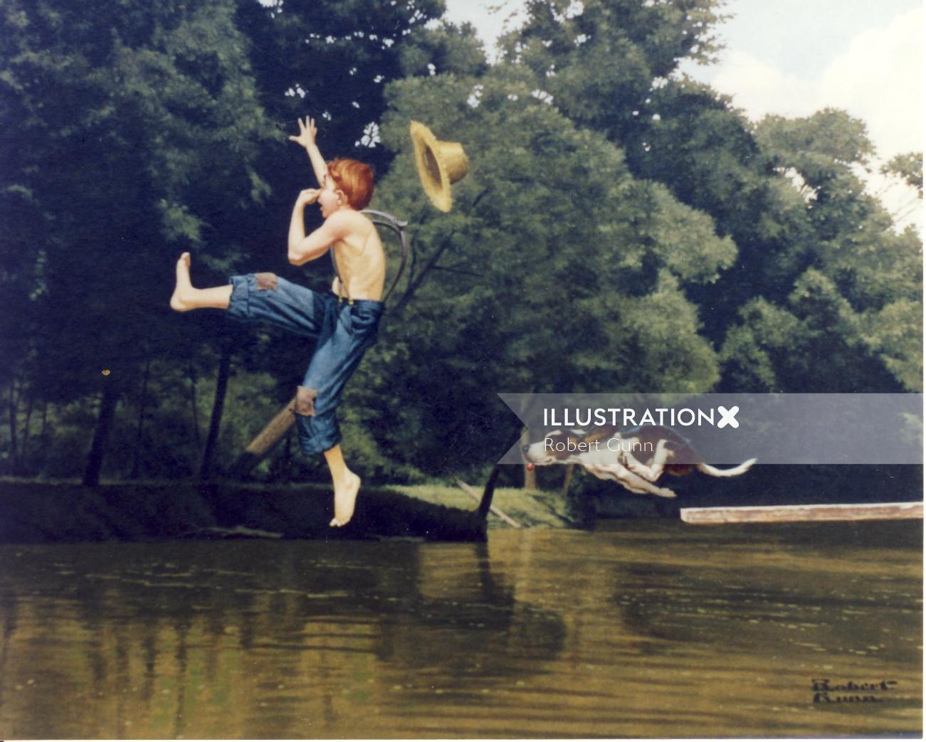 Illustration of young boy jumping into pond being chased by dog