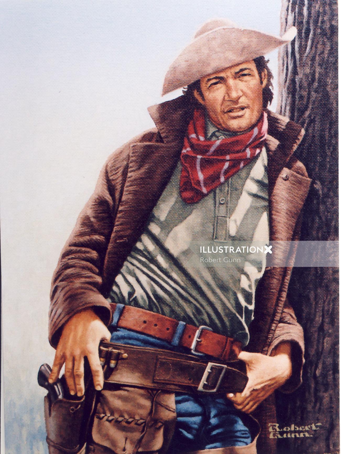 Illustration of outlaw leaning against a tree by Robert Gunn