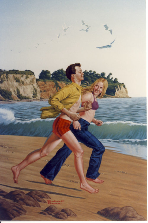 Illustration of young couple running along the beach