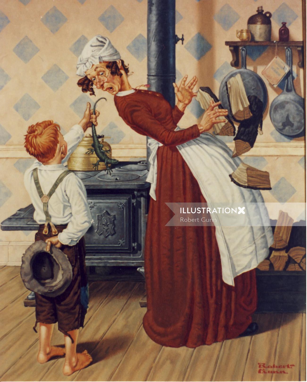 Illustration of boy giving his favorite aunt a gift