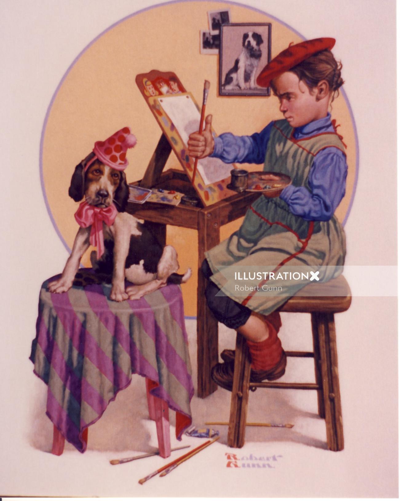 Illustration of young girl doing a portrait of her favorite pet
