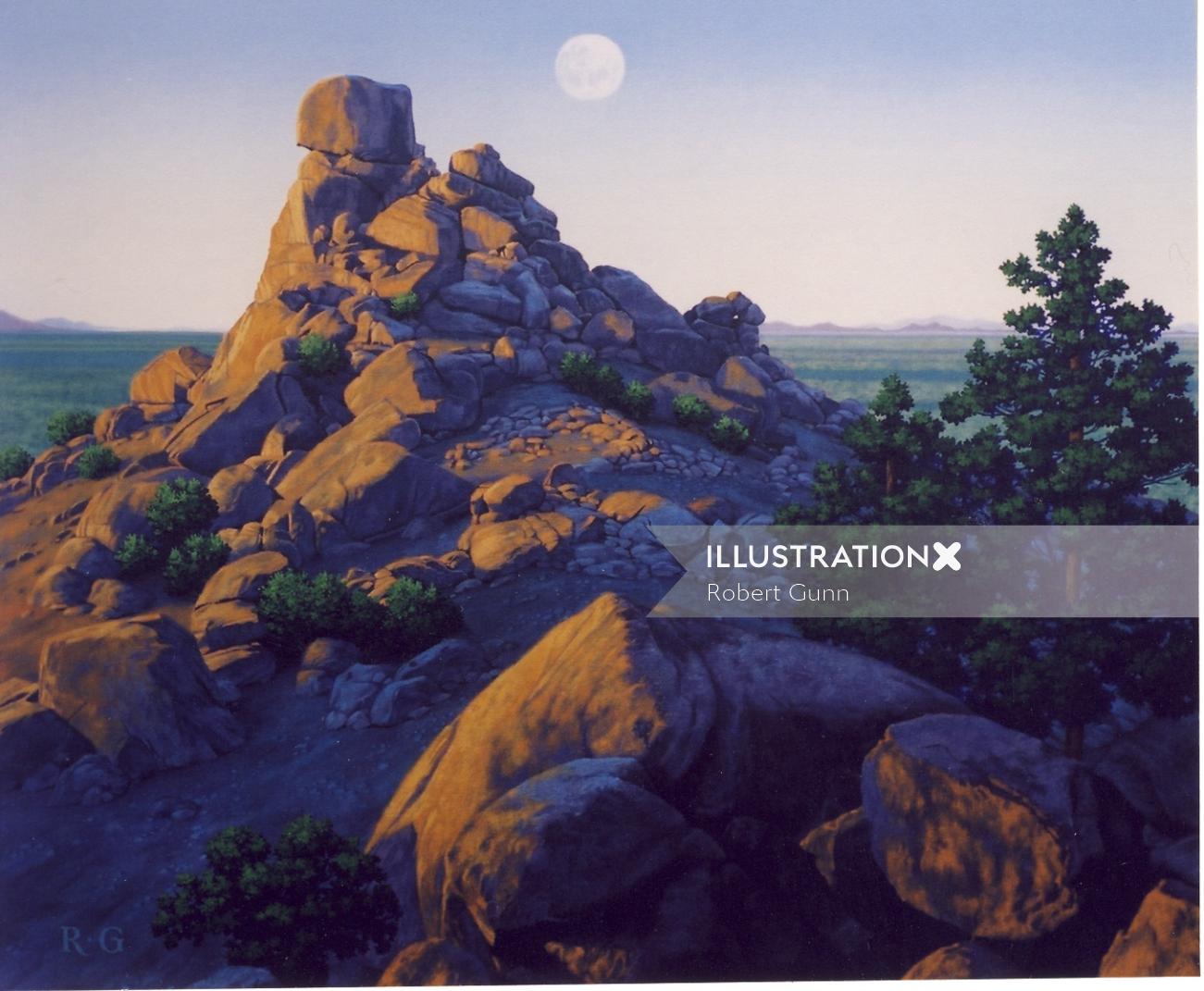 Full moon rising over desert landscape by Robert Gunn