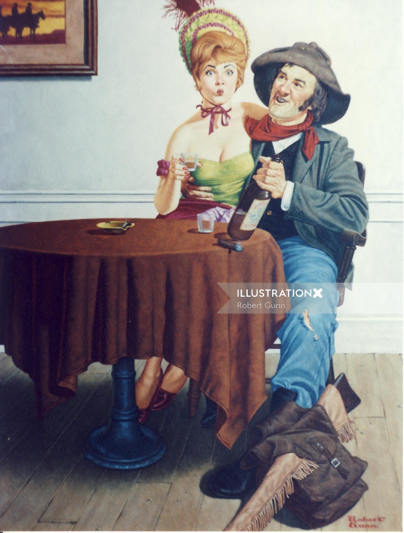 Cowboy making a proposal to a dance hall girl