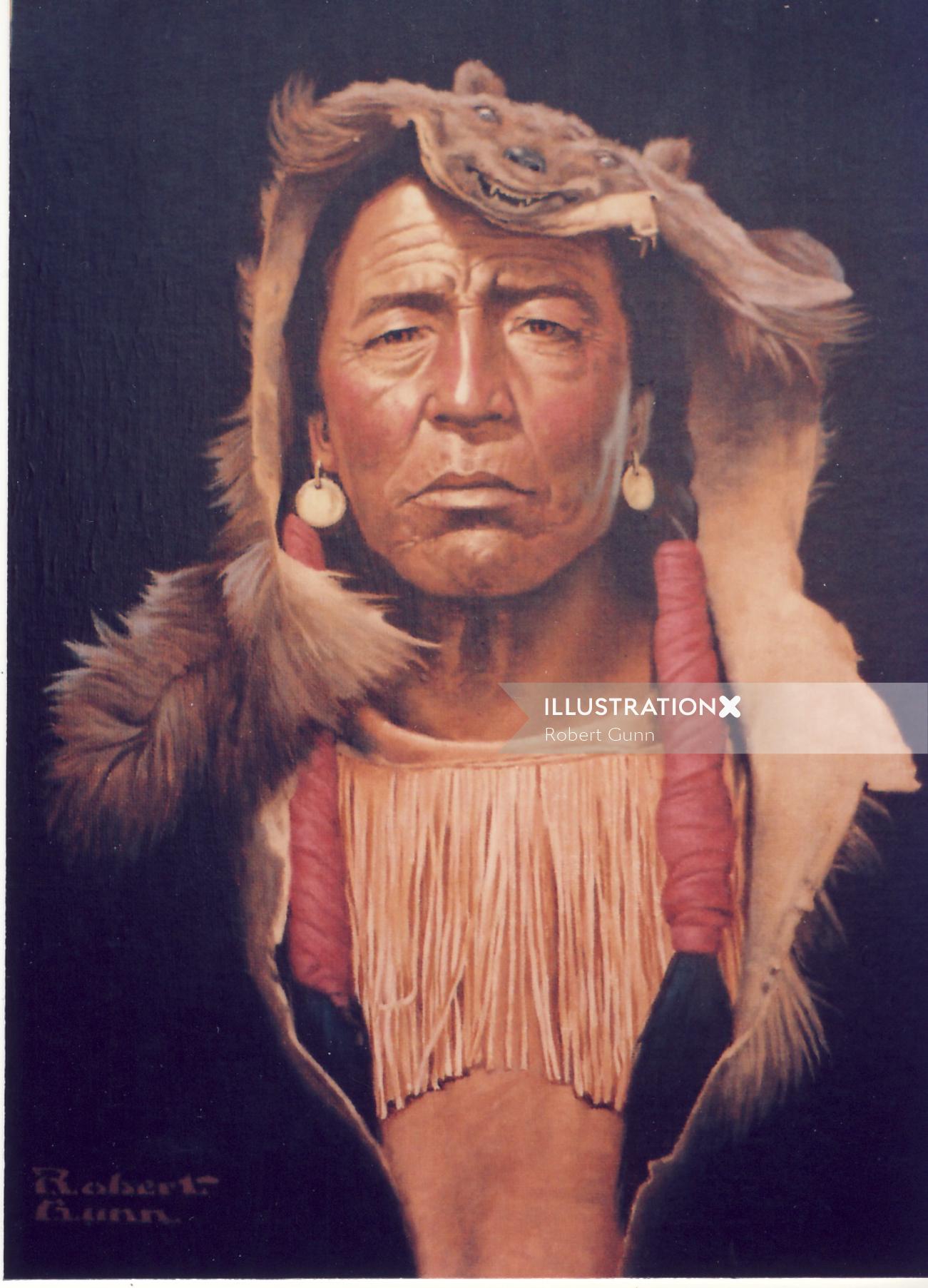 Portrait of brave Indian wore out from battle against white men